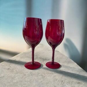 Vintage Hand Blown Ruby Red Wine Glass Set